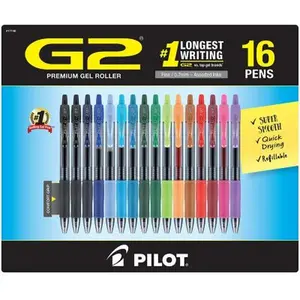 Pilot G2 Retractable Gel Pens, Fine 0.7mm, Assorted, 16 Pack