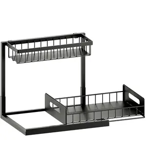 Kitchen Storage Rack, Under Sink Organizer, Pull-Out Multi-Functional Shelf, Dual Layer Storage, Home Use, Kitchen Cabinet Accessories