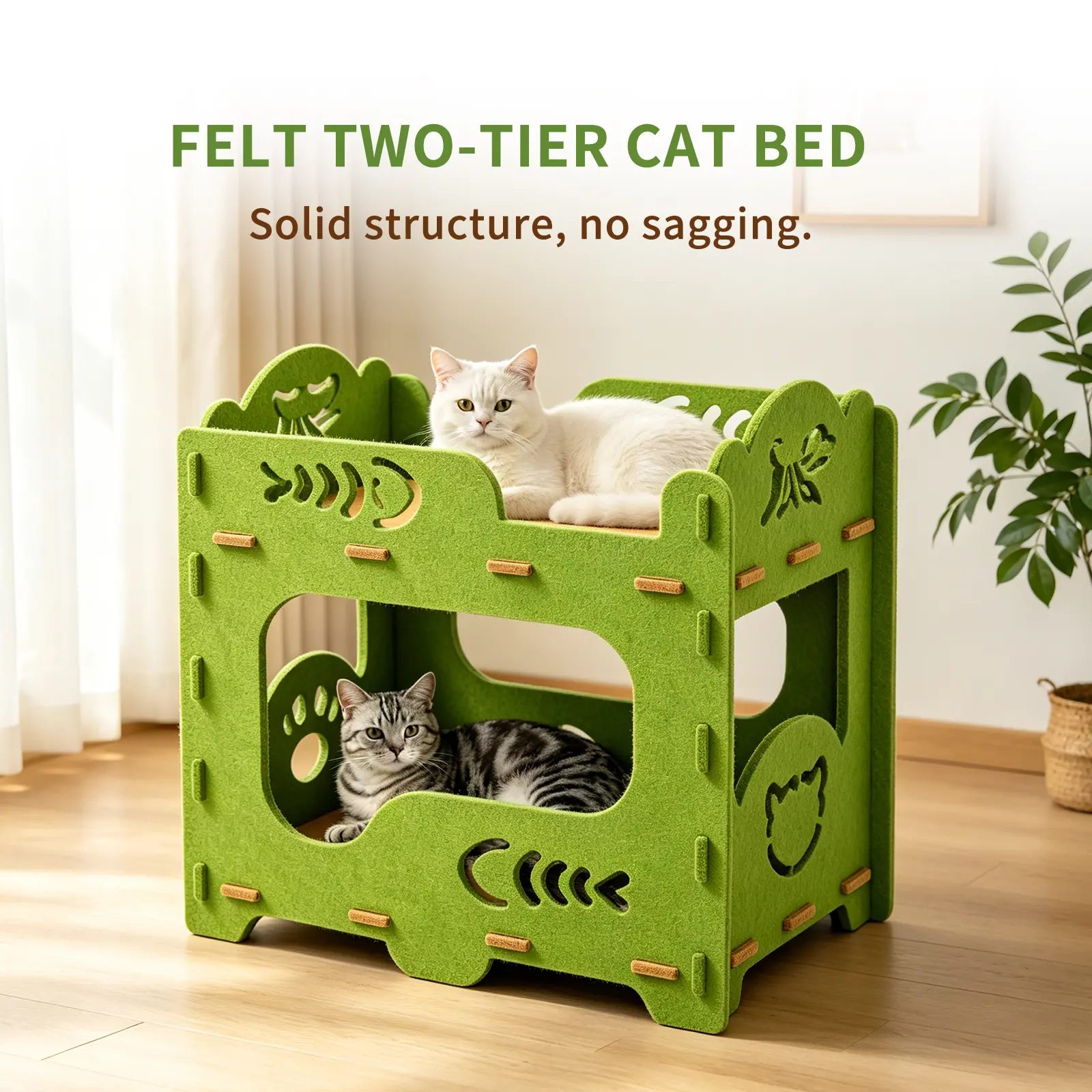 Felt 2-Tier Cat House for Indoor Cats, Multi-Level Cat Condo with Cozy Cat Bed, Private Cat Hideaway, Durable Felt Cat Furniture for Sleeping, Playing and Resting, Easy Assembly