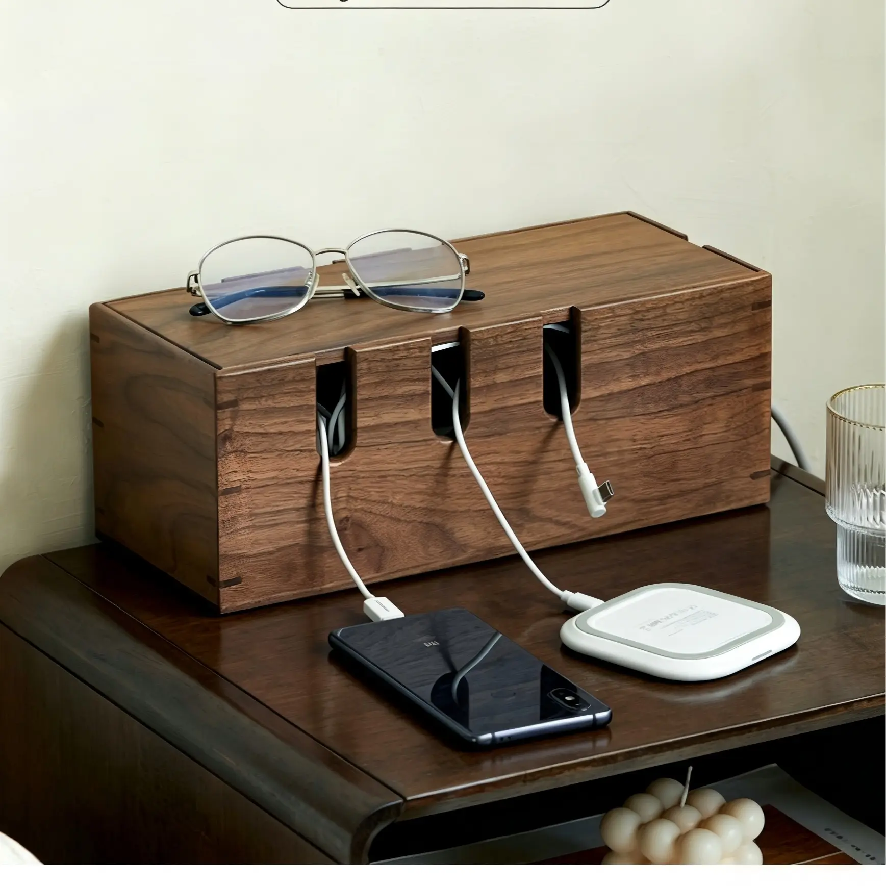Walnut Wood Cable Organizer Box - Home Office Desk Accessory, Power Strip Hider, Minimalist Cord Storage, Flexible Routing Charging Station, Fits Modern Japandi Decor, Rectangle, Desk Accessories, Tv Console