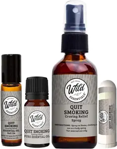 Wild Essentials 4 Piece Bundle Quit Smoking Aromatherapy with All Natural Essential Oils for Smoking Cessation, Includes Nasal Inhaler, Spray, Roll-On and Oil,  Made in USA - Wellness, Herbal, Holistic