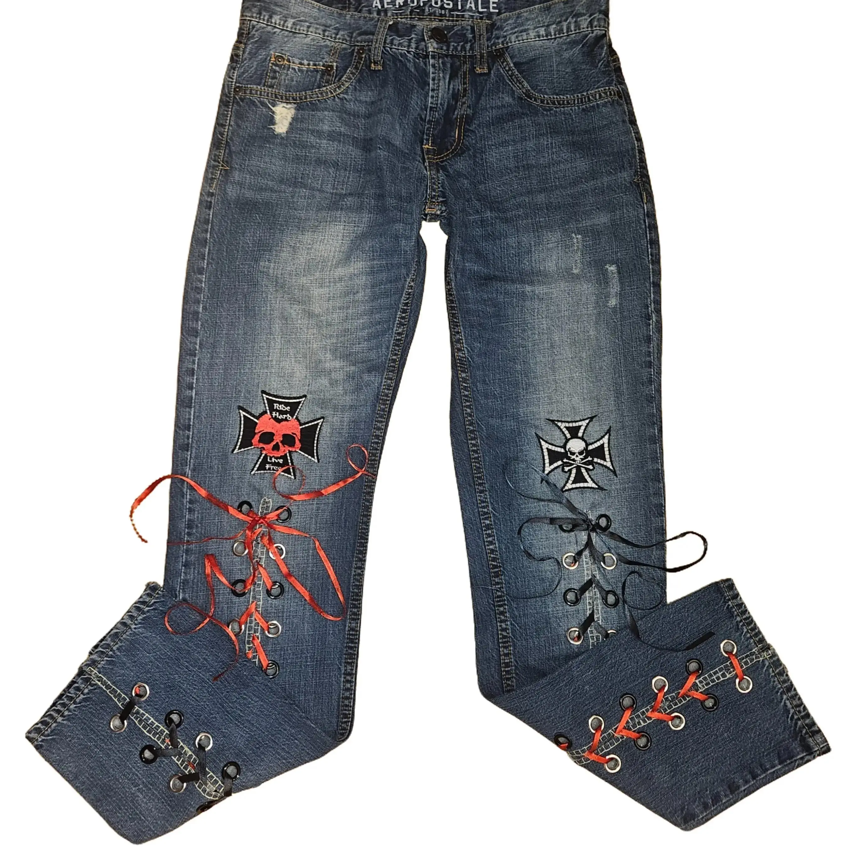 Upcycled Skull and Crosses Lace-Up Jeans - Womenswear Denim - Unique Sustainable Fashion with Red and White Skull Patch & Cross Applique