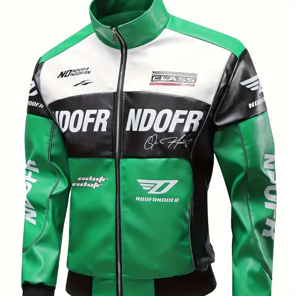 Men's Casual Color-Block PU Leather Jacket, Streetwear Racing Style with Zip-Up Front, Stand Collar, and Printed Hood, Coats, Menswear, Tops, Racing Coat, M