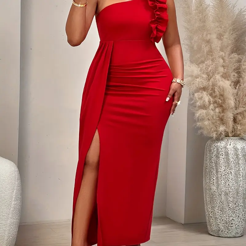 ChromaChic LEE Plus Size Bodycon Dress One Shoulder Asymmetric Ruffle Hem Royal Blue Long Formal Gown High Slit Stretchy Autume Party