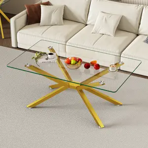 39.37" Rectangular Clear Tempered Glass Coffee Table with Metal Legs Stylish Design for Living Room Modern Interior Functional Aesthetic