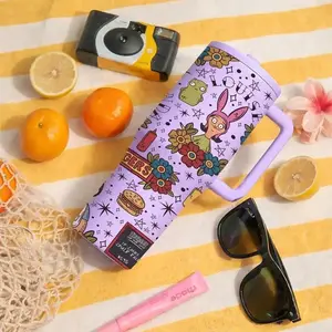 40oz Insulated Stainless Steel Travel Mug with Handle and Lid, Leak-Proof, 12-Hour Cold Drink, Cartoon Burger Print, Large Capacity Cup, Flasks