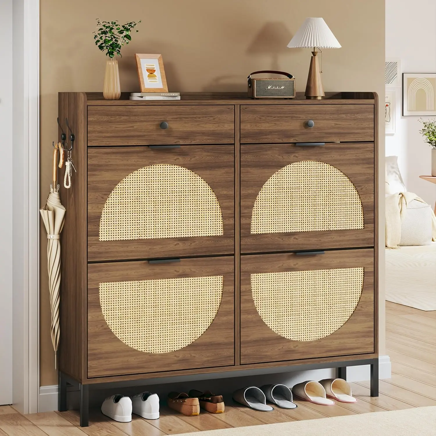 Rattan Shoe Cabinet with 4 Flip Drawers, Shoe Storage Cabinet with Adjustable Shelves, Narrow Shoe Cabinet with Metal Legs & Handles for Entryway, Hallway, Organizer, Rustic Oak Rattan