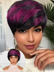 Short Layered Pixie Haircut Wigs With Bangs Natural Daily Wig Brazilian for Women Black/Purple Color