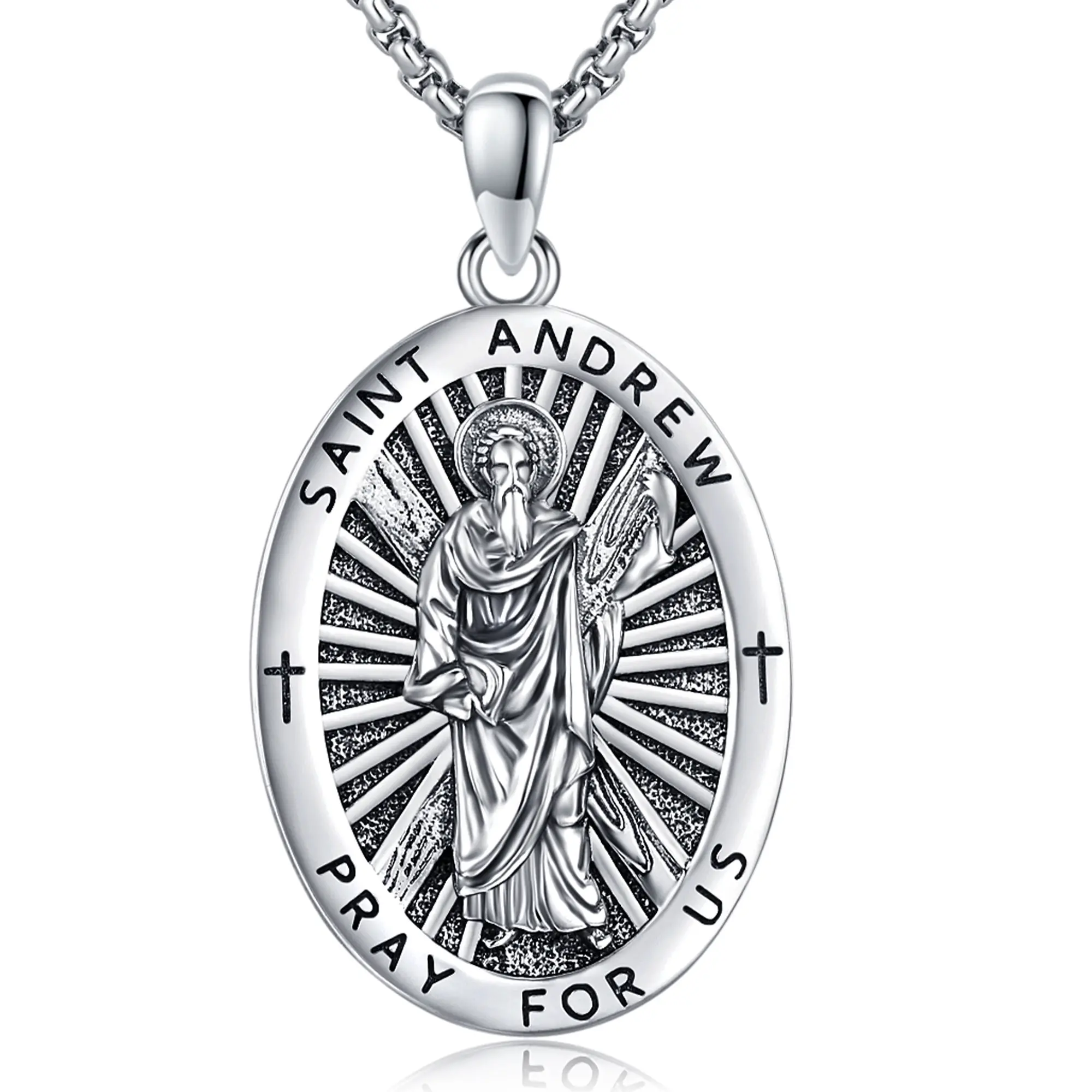 DRINSPER 925 Sterling Silver Saint Andrew Religious Pendant Necklace, Men's Statement Religious Jewelry with Stainless Steel Chain Gift, Statement Religious Necklace