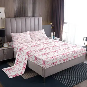 Cute Bow Bed Sheets for Kids Pink Kawaii Bowknot Girls Bedding Set,Watercolor Bow Tie Patchwork Pink White Sheet Set,Geometric Check Bow 1 Fitted Sheet 1 Flat Sheet