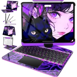 DarlingCase Cyberpunk 360° Swivel Keyboard Case for iPad Air 11 & iPad Pro 11 (2018-2025) For iPad 11th/A16,iPad 10th 2022,For iPad 13inch- Features 7-Color Backlit Wireless Bluetooth Keyboard & 360° Rotating Trackpad - Stylish Translucent Pink