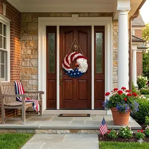 4th of July Independence Day Patriotic Decor, Rustic Wooden Stripe Wreath for Front Door, Red White Blue Farmhouse Wall Hanging, 12-inch