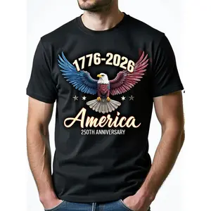 Men's 250th Anniversary USA Patriotic Eagle & American Flag Menswear T-Shirt - 1776-2026 Commemorative, 180g Heavyweight, Round Neck, Short Sleeve, Loose Fit, Slight Stretch Fabric, All-Season Comfort, Medium Elasticity, Streetwear Casual Top
