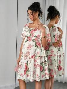 ROSY x Momance Maternity Floral Print Shirred Short Sleeve Casual Dress