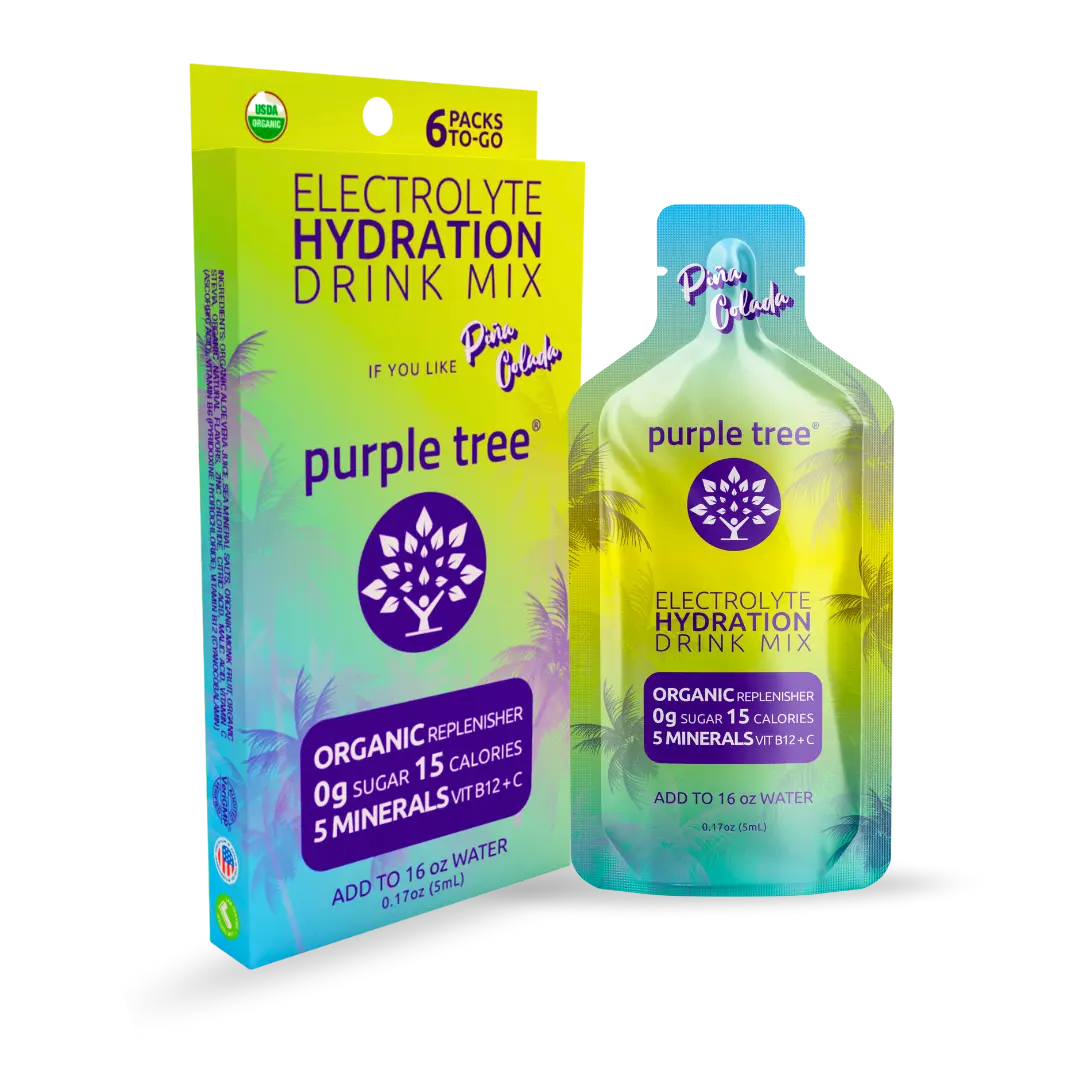 Purple Tree - Organic Electrolyte Hydration Packets, Pina Colada, Zero Sugar, Sea Salts, Daily IV Hydrate Packs for Rapid Rehydration Relief, 6 sticks