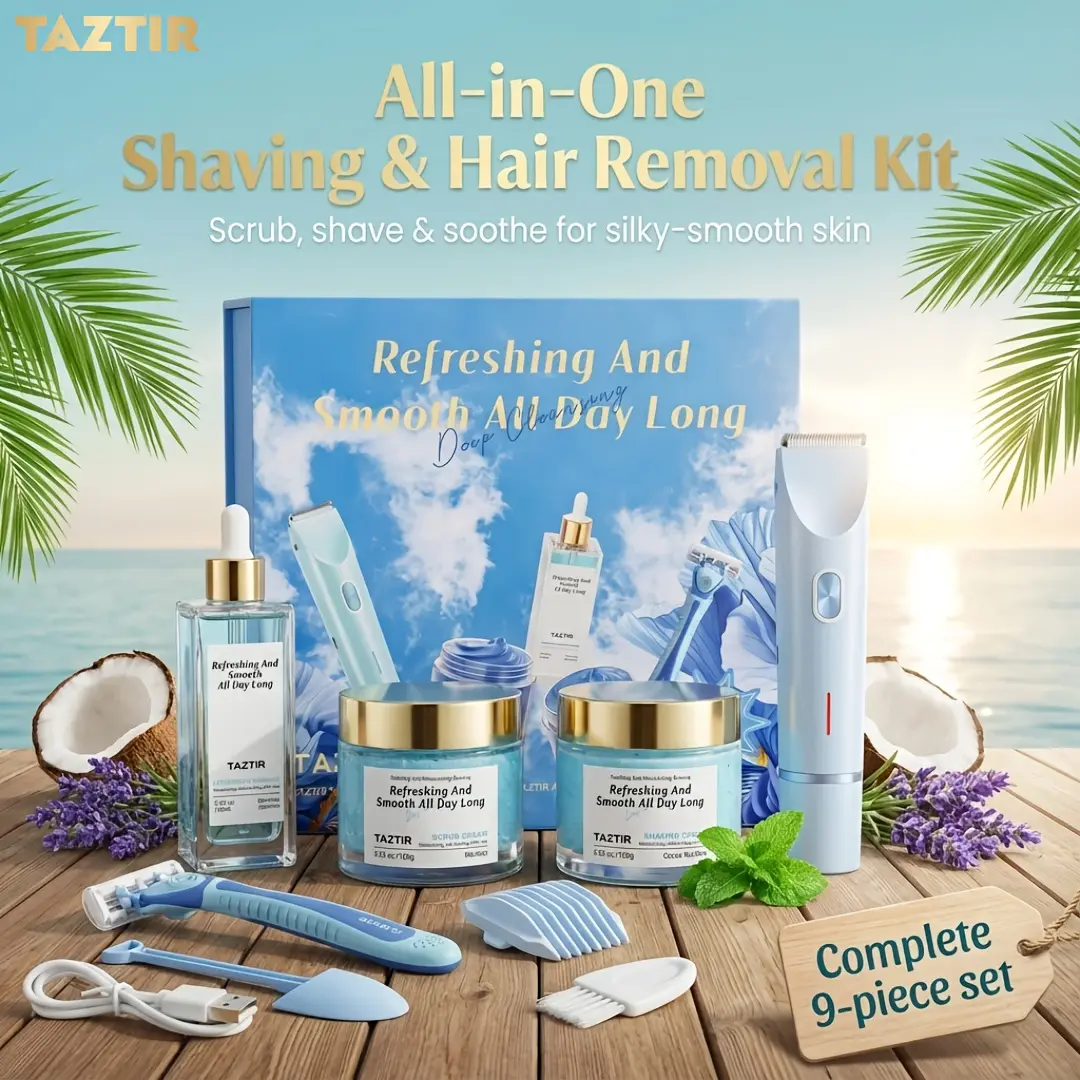 TAZTIR 9-in-1 Luxury Men's Grooming Kit - Shaving Razors, Coconut-Scented Exfoliating Scrub, Menthol Scrub Cream, Camellia Essential Oils, Hair Removal Cream, Pre-Shave Serum, Dual-Head Electric Shaver, Manual Razor, Hair Removal Tool (Elegant Gift Box)