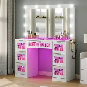 Makeup Vanity Desk with LED Lighted Mirror, Tempered Glass Top, 7 Drawers, RGB Ambient Lighting, Vanity Table for Bedroom