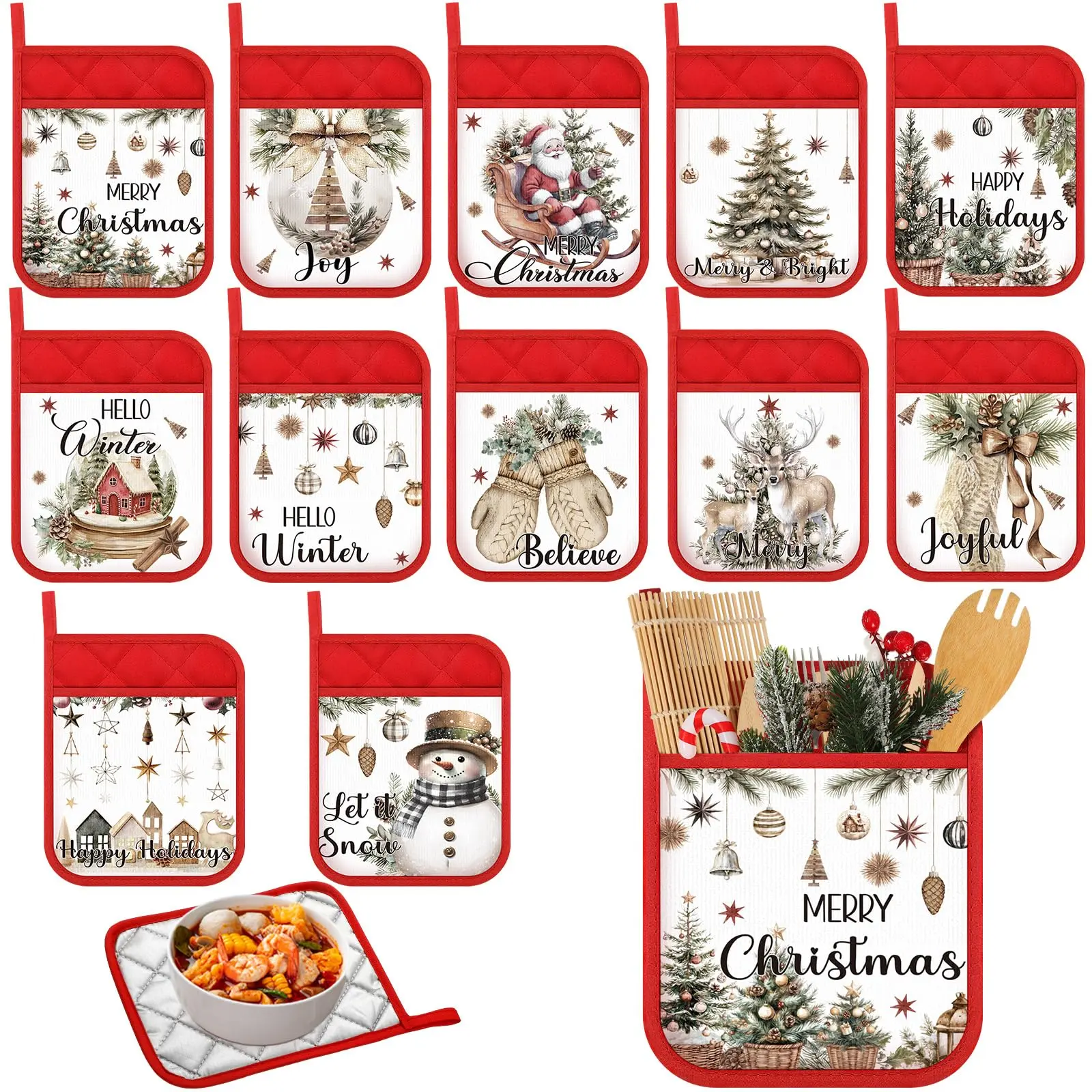Christmas Pot Holders with Pocket, 6/10/12 PCS Xmas Hot Pads Oven Mitts Snowman Santa Reindeer Tree Heat Resistant Potholders for Kitchen, Christmas Gifts Kitchen Accessories Baking Gifts for Teachers Family Woman Mom Employees Coworker Grandmother
