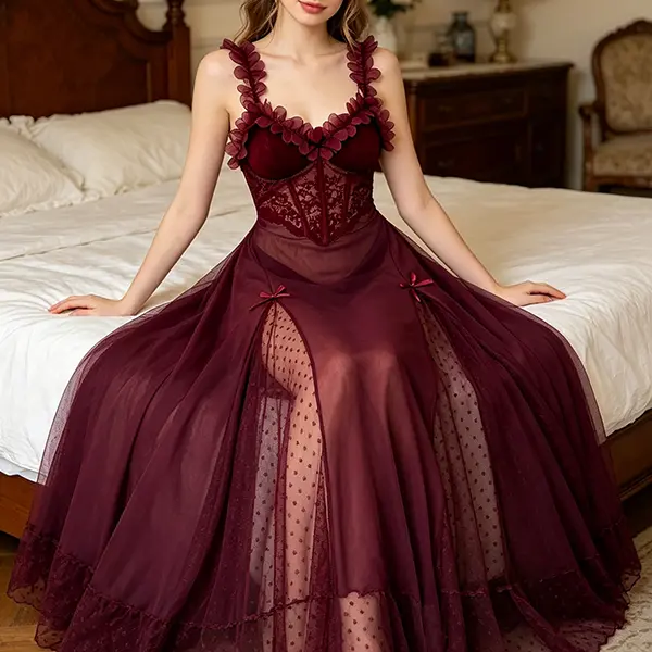 Women's Burgundy Sleeveless Corset Lace Nightgown - Ruffled Shoulder Straps, Semi-Sheer Polka Dot Tulle Maxi Slip Dress, Small Bow Decor, Flowy Hem Elegant Bedroom Sleepwear Loungewear, Semi-Sheer Nightdresses