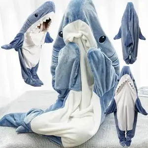 Cute Shark Blanket Plaid Women Pajamas Sleeping Bag Fabric Robe Shark Blanket Plaid Gown Adult Homewear Nightgown Comfy Bathrobe Loungewear
