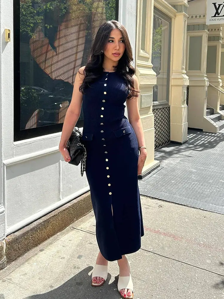 Ribbed Sleeveless Knitted O-Neck Button-Up Sleeveless Single Breasted Double Pocket Design Bodycon Sweater Dress