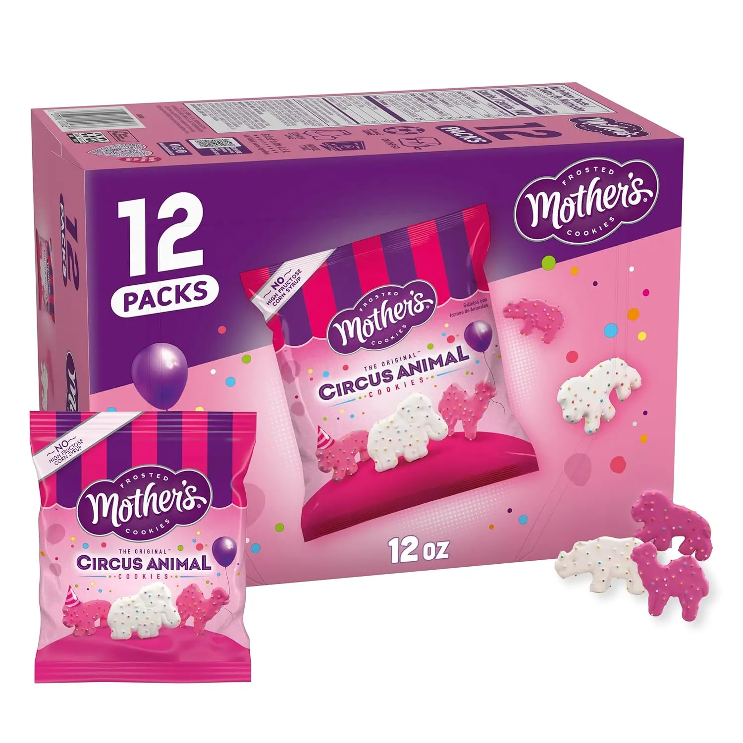 Mother's Original Circus Animal Cookies | Frosted Vanilla Shortbread Cookies with Rainbow Sprinkles | Box of Cookie Snack Packs | 12 Count - 1-oz Pouches | NET WT 12 oz