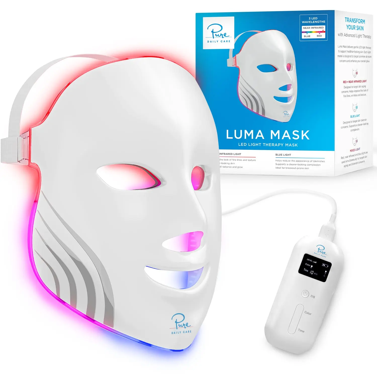 Luma Mask FDA-Cleared LED Light Therapy Mask for Face, Red, Blue & Near-Infrared Modes, Hands-Free Design | Pure Daily Care