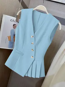 Women's Plain Color Sleeveless Pleated Hem Vest, Commuter Style Slant Button Waist Cinching Pocket, Ladies Office Casual Outerwear