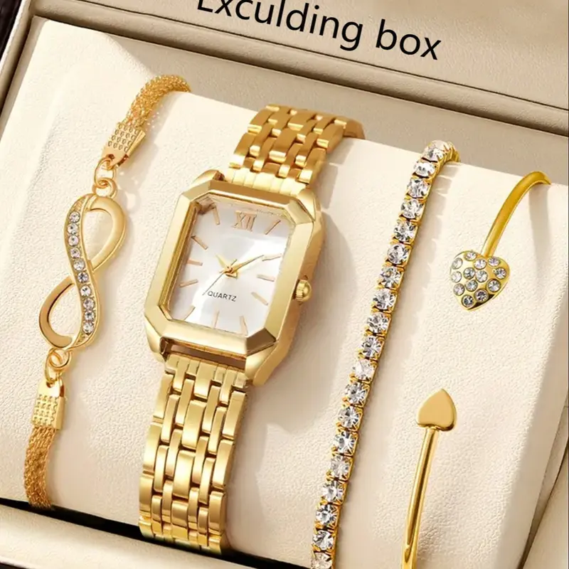 4 Piece Set Watches For Women, Alloy Strap, Women's & Girls' Casual Style Quarts Watch, Bracelets, Accessory Set, Accessories Set, Comfortable Fit, Versatile Design, Perfect for Everyday Wear, For Birthday, Anniversary, Holiday Gifts, Jewelry Watch Set