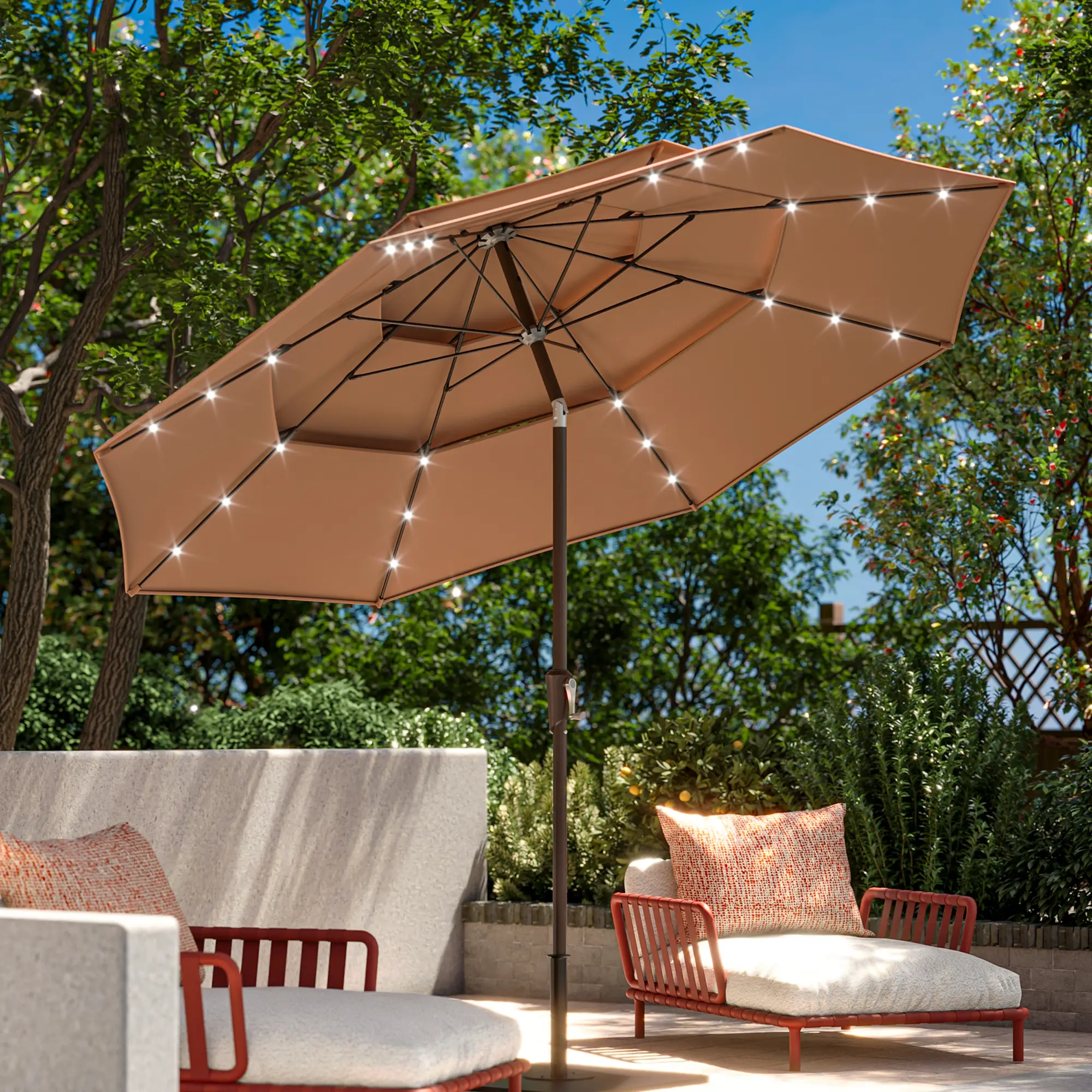 （LED Lights）LAUSAINT HOME 10 ft Patio Umbrella with Solar, 3-tier ventilated market umbrella with fiberglass ribs and crank tilt for poolside, garden, deck, outdoor dining, beige summerwins