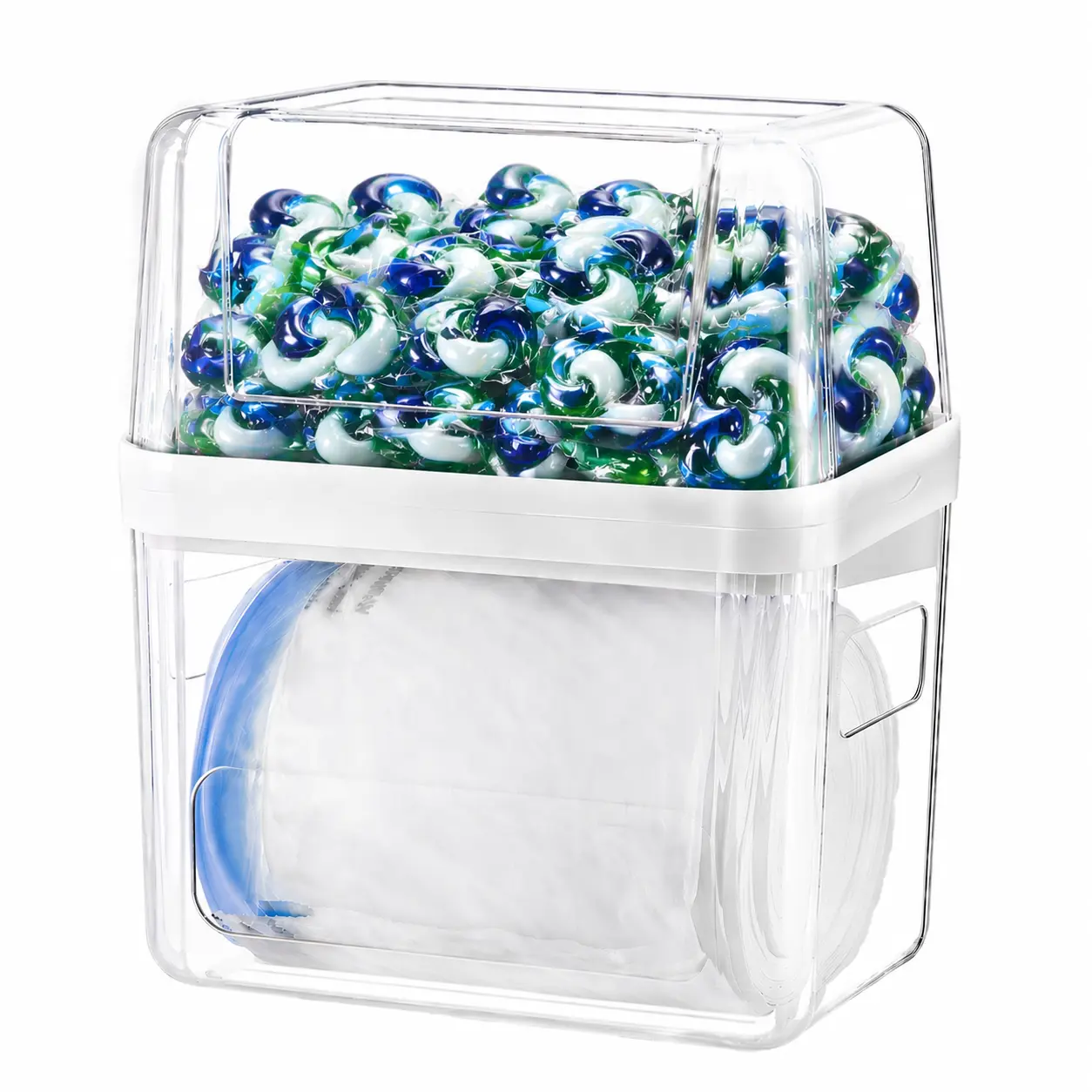 AIR U Trash Bag and Dishwasher Pod Dispenser - 3 in 1 Clear Storage Bins Holder for 13/30/33 Gallon Garbage Bags, Laundry Detergent Pods & Tabs, Under Sink Organizer for Kitchen and Laundry Room