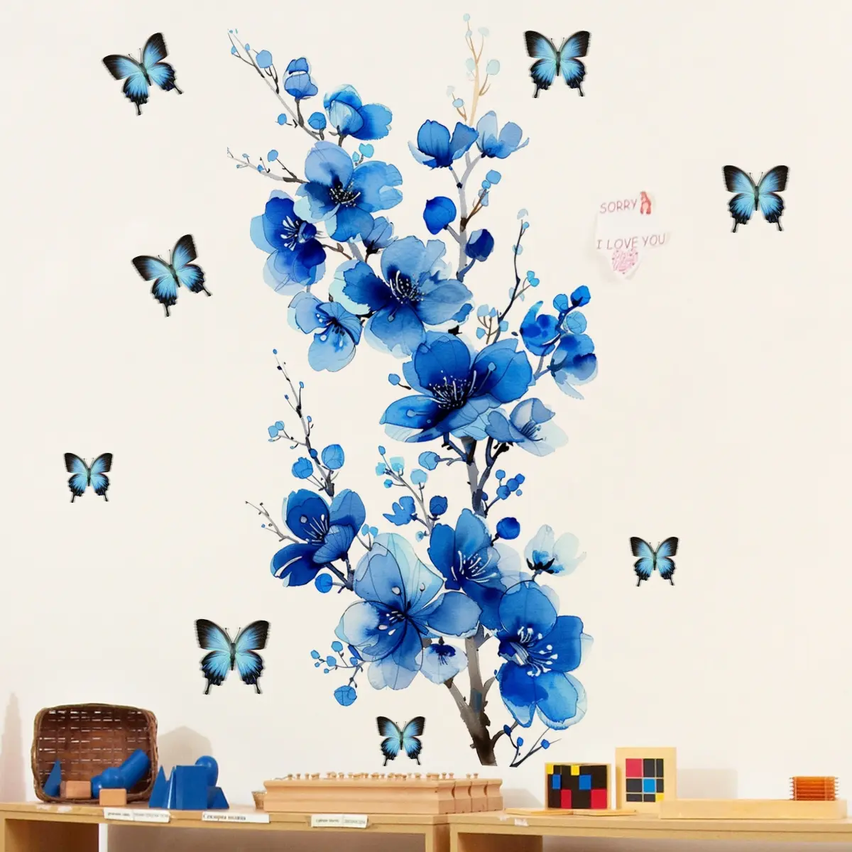 A blue-themed floral and butterfly wall sticker for home decoration and beautification, self-adhesive, Decorative Wall Sticker, Floral Pattern Sticker, Wall Art Stickers, M18888-YC