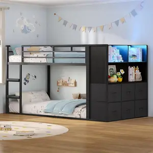 Sikaic Twin Over Twin Bunk Bed with Storage Drawers & Open Storage Shleves with LED Lights, Metal Black Low Bunk Bed Safety Ladder and 13.4" H Guardrail, Space Saving