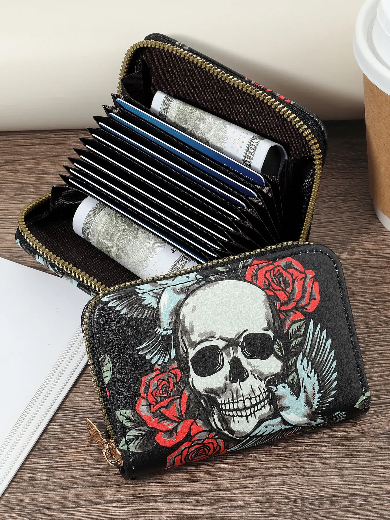 Fashion Skull & Rose Pattern Casual Card Holder, Credit Card Organizer, Multi-Slot Simple Credit Card Slot, Multi-Purpose Women's Wallet Card Bag, Fashionable Card Holder