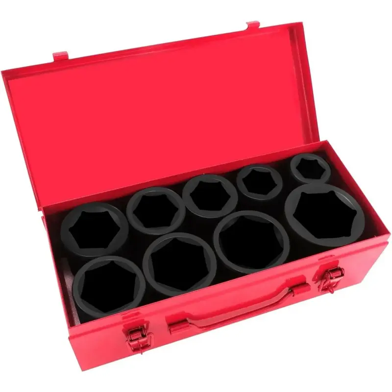 1 Inch Drive Deep Impact Socket Set,9 Pieces,6-Point,SAE Sizes (1",1-1/8",1-1/14",/8",1-1/2",1-5/8",/4",1-7/8",2"),Cr-Mo Steel, Maintenance, Heavy Duty, Farming