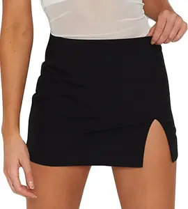 Women's Black Mini Skirts Sexy High Waisted Stretchy Slit Hem Bodycon Mini Skirt
