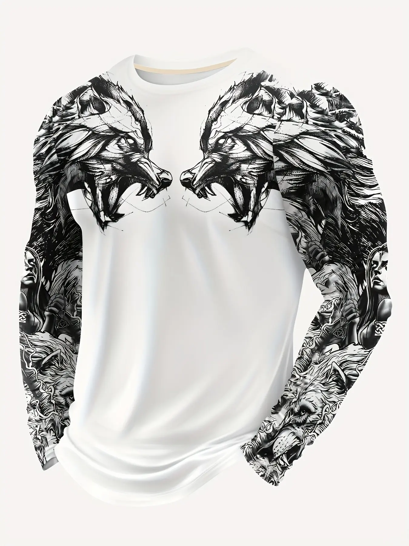 Men's Long Sleeve Crewneck T-Shirt, Viking Wolf God Tattoo Print, Norse Mythology Pattern, and Options, Casual Loose Fit, Streetwear