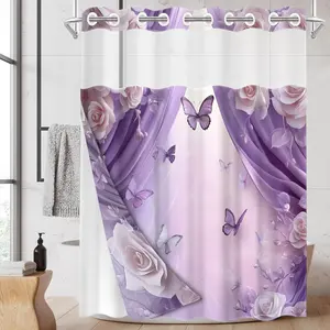 1PC 2D Flat Purple Rose and Butterfly Pattern Double-Layer Woven Shower Curtain (No Hooks), Transparent Top Window, Removable Lining with Clips, Bathroom Decor, Bathroom Accessory, Shower Curtain Liner