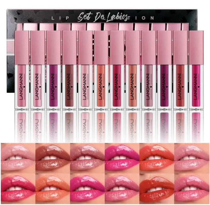 LANGMANNI 12Pcs Lip gloss Collection Makeup Set, Shiny Smooth Soft Liquid Lip Glosses Lip Stain With Rich Varied Colors For Girls And Women Makeup (Glossy-A)