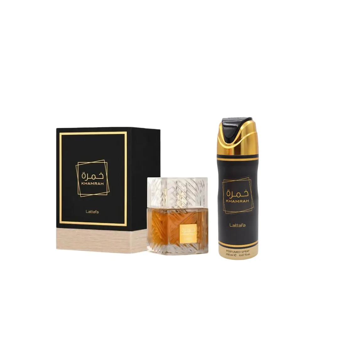 Lattafa Khamrah EDP 2-Piece Unisex Perfume Set - 3.4 oz Eau de Parfum Bottle, 6.67 oz Deodorant, Long-Lasting Woody Vanilla Aromatic Unisex Fragrance with Vanilla Scents for Adults, Multi-Pack, Sweet Spicy, Contains Alcohol, Alcohol Base, Fresh, Fruity, A