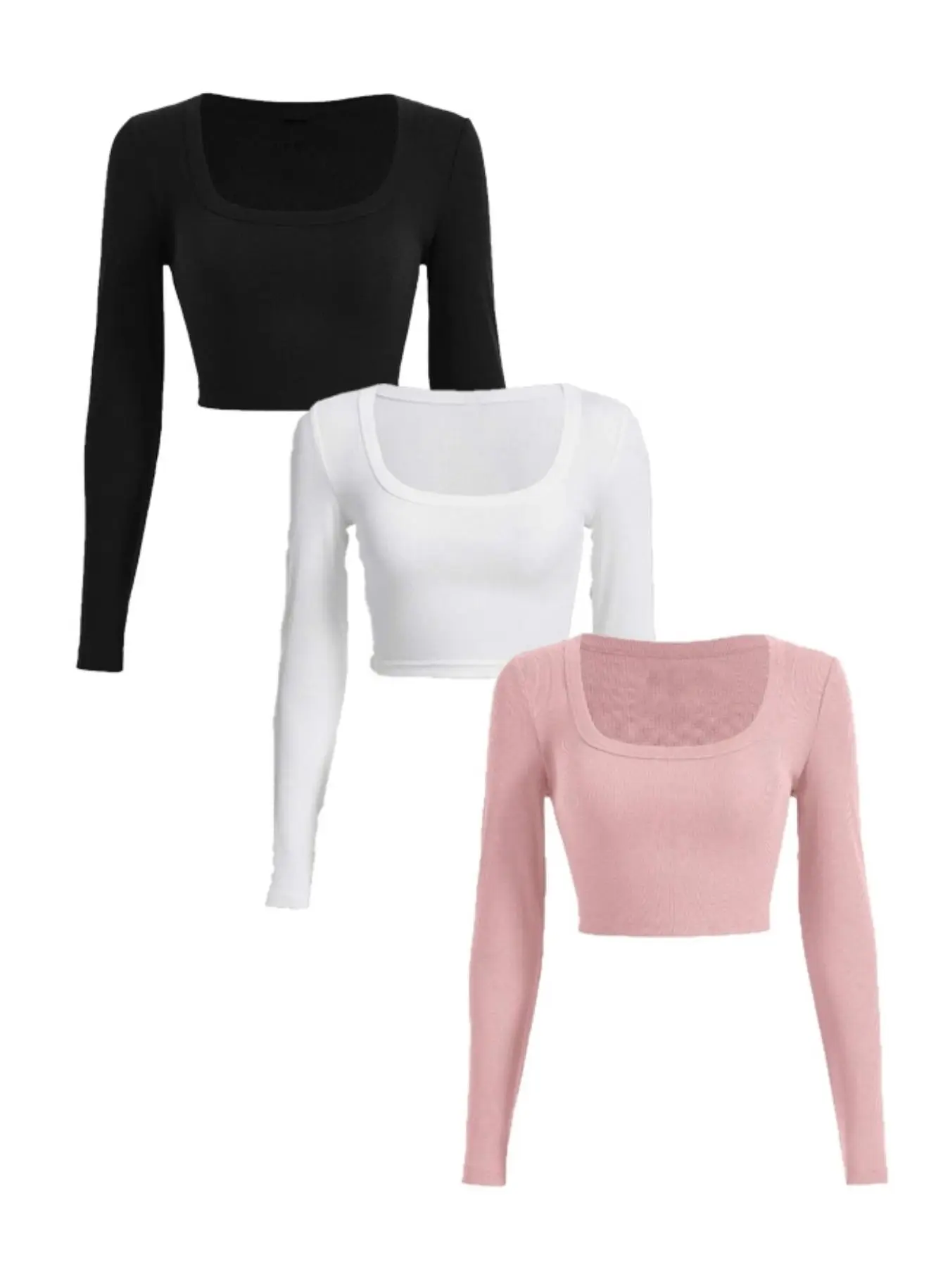 Women's Plain Square Neck Crop Tee, Casual Ribbed Long Sleeve T-Shirt for Spring & Fall, Women's Clothing for Daily Wear