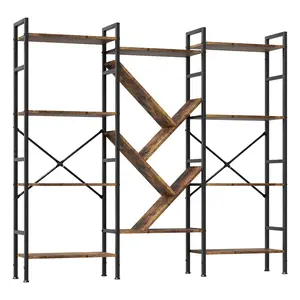 Industrial Wood Bookshelf, 4-Tier Rustic Storage Shelf, Wide Bookcase with 14 Shelves, Rustic Storage Rack with Sturdy Metal Frame for Living Room, Home Office