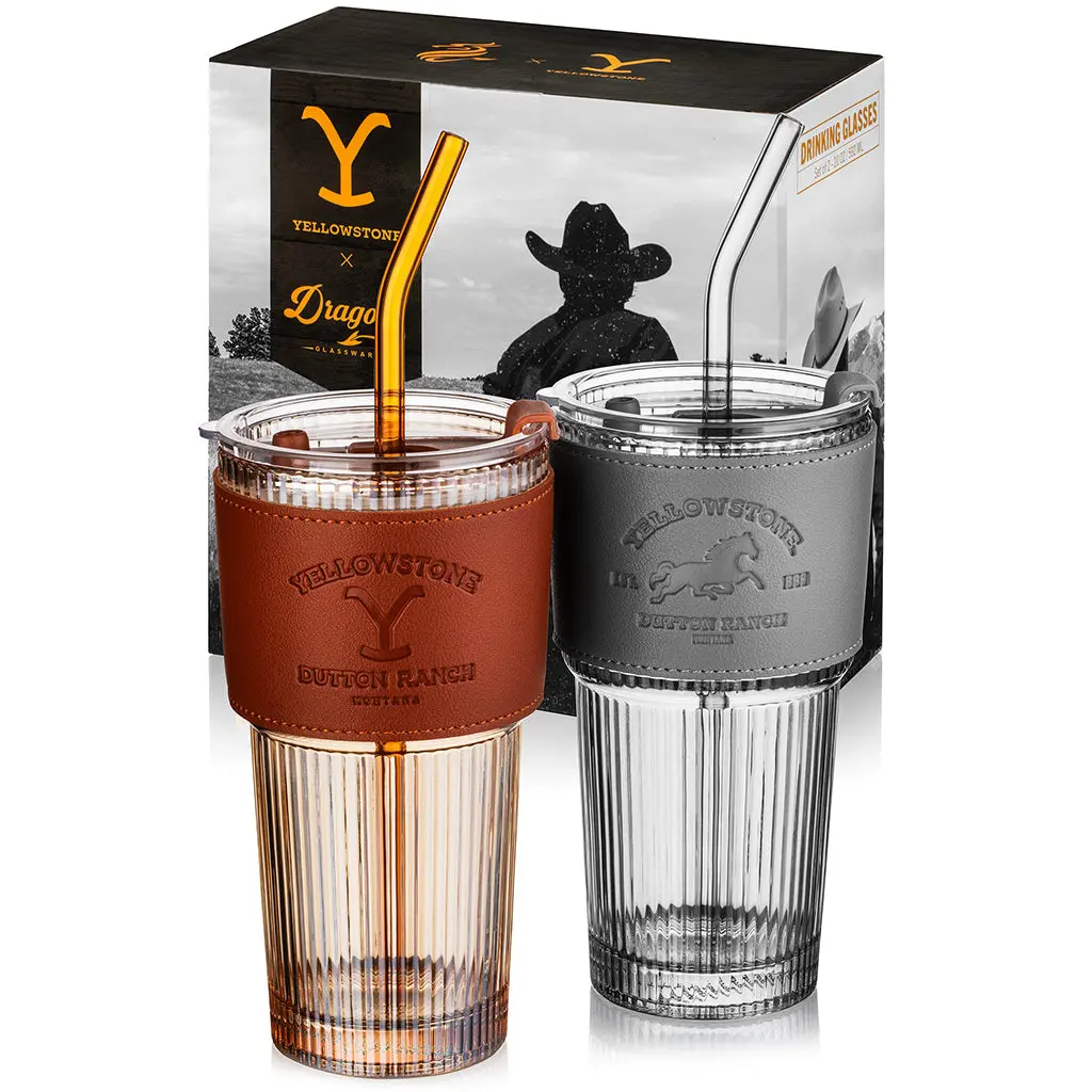 Officially Licensed Yellowstone 2-Piece 20oz Reusable Drinkware Set - Iconic Logos, Glass Body, Western Theme Tumblers & Mugs, Gift-Ready Kitchenware for Daily Use with Durable Materials