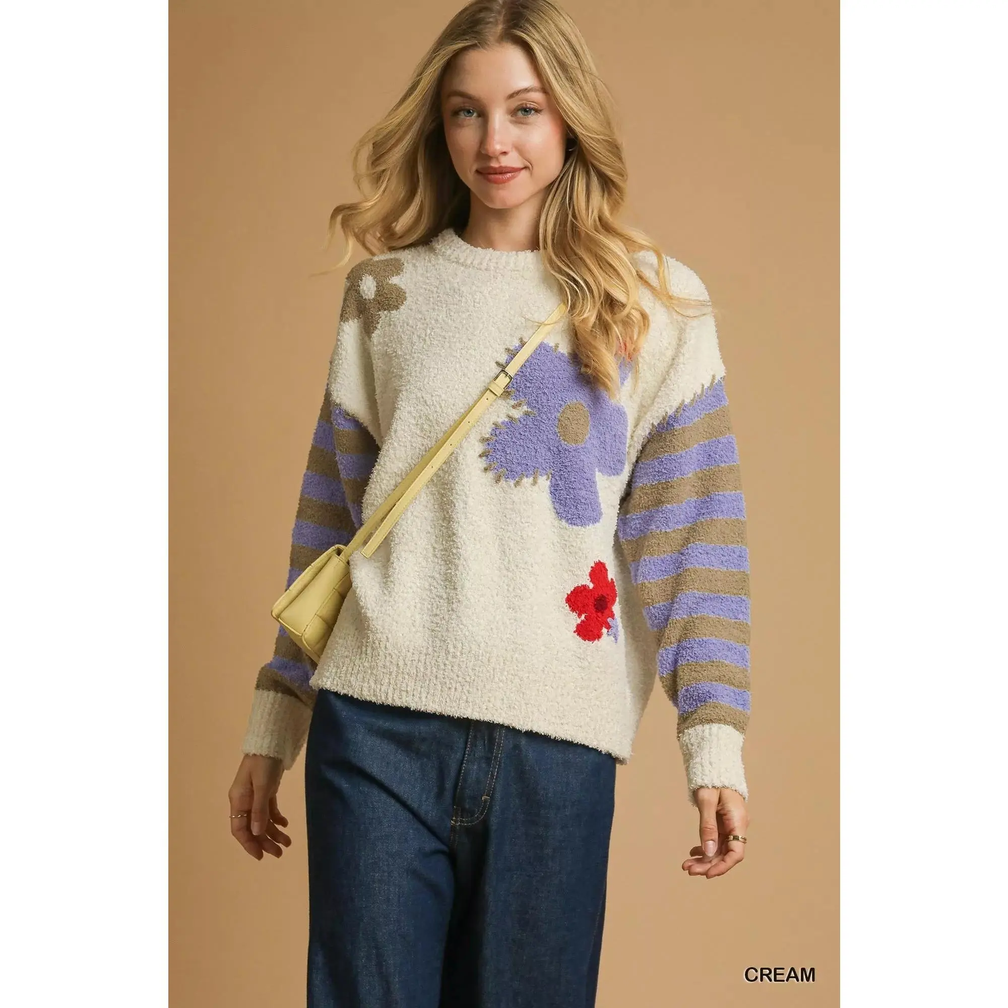 Umgee Flower Jacquard Striped Long Sleeve Sweater