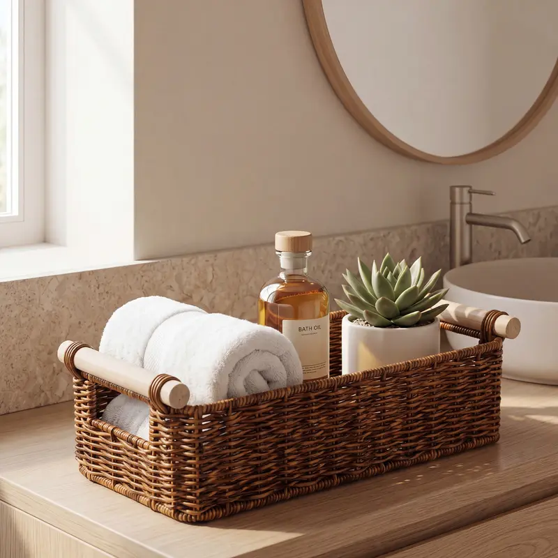 BROWNLILY Narrow Storage Basket for Bottles & Tins, 6.5 Inch Handwoven Faux Rattan Wicker Organizer with Wooden Handles, Skinny Canister Caddy for Toilet Tank, Bathroom Vanity, Kitchen Countertop, Shelf, Desk, Pantry, Canasta Organizadora, Cesta de Mimbre