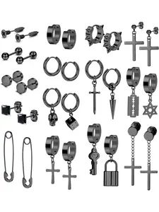 15 Pairs Mens Stud Earrings Stainless Steel Mens Earrings Zirconia Earrings Set Black/Silver Mens Earrings Studs Cross Dangle Hoop Huggie Earrings Piercing Cartilage Earrings for Men Women