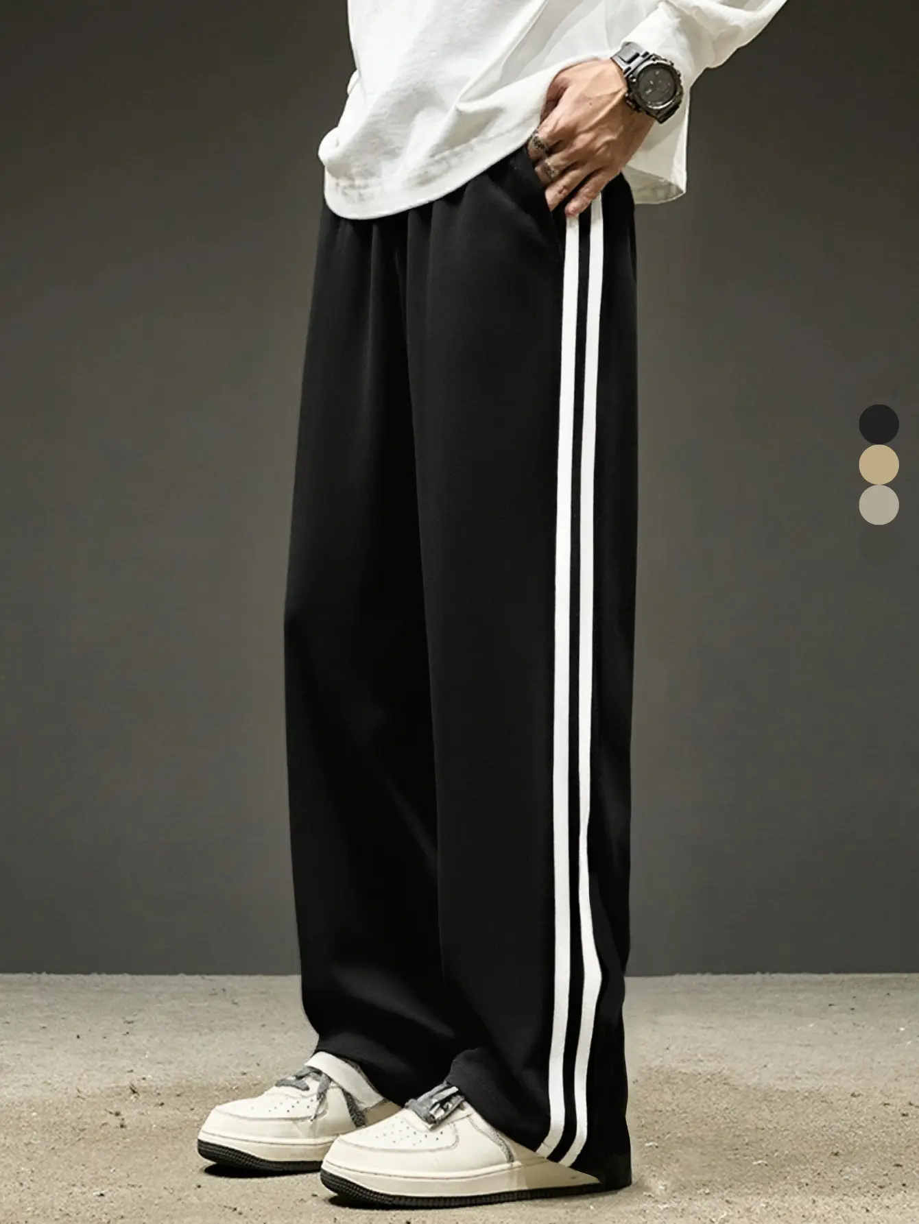 Men’s Wide-Leg Athletic Sweatpants, 2 White Side Stripes, Elastic Waistband With Drawstring, Loose Straight Cut, Street-Casual Long Pants