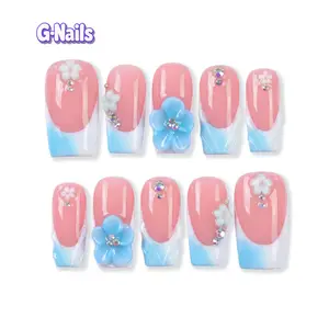 G-Nails A86 10pcs Handmade Press On Nails Reusable Medium Square Nails Blue with Rhinestones & 3D Floral Design Premium Craftsmanship Spring Nails