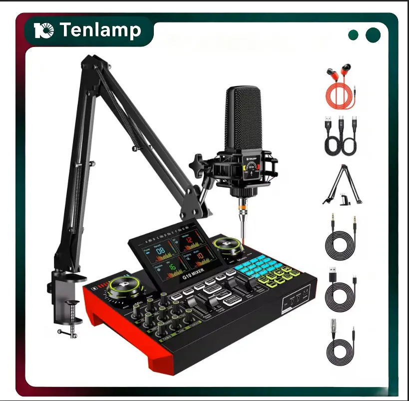 Tenlamp G10-PKpro Portable Live Sound Card Microphone Bundle - 0-Debug USB Plug&Play, Voice Changer, Reverb, DJ Sound Effects, Compatible with Desktops, Laptops for Streamers, Podcast, Audio Recording