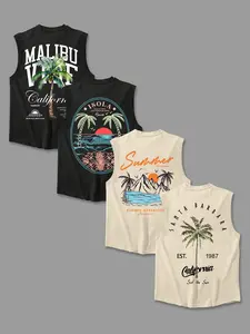 Men's Letter & Tropical Print Round Neck Tank Top, Regular Fit Casual Sleeveless Crew Neck Vest for Summer, Men's Top for Daily Wear, Sleeveless Tank Tops